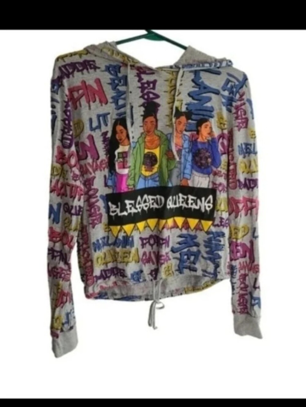 Womens On Fire Blessed Queens Artsy Long Sleeve Hoodie Size XL